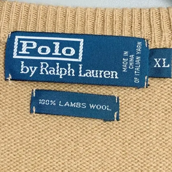 POLO by RALPH LAUREN Size XL Tan Wool Knit V-Neck Sweater
